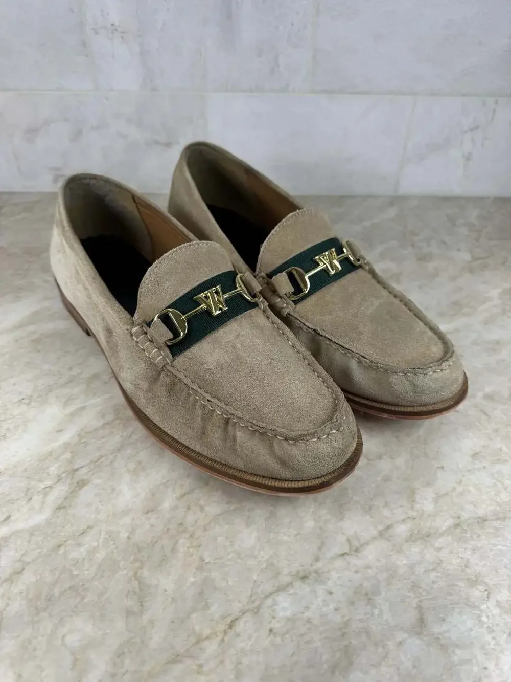 Walk London Mens Sand Suede Horsebit Loafers Green Gold Slip On Shoes US 9